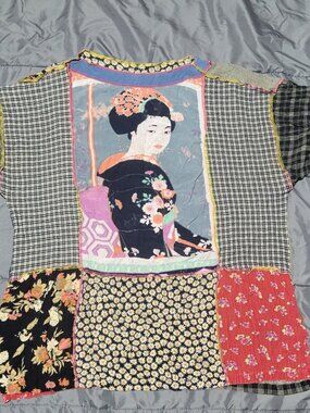 Vintage Faith Geisha Portraits 90's Vintage Rayon Tunic Patchwork Blouse